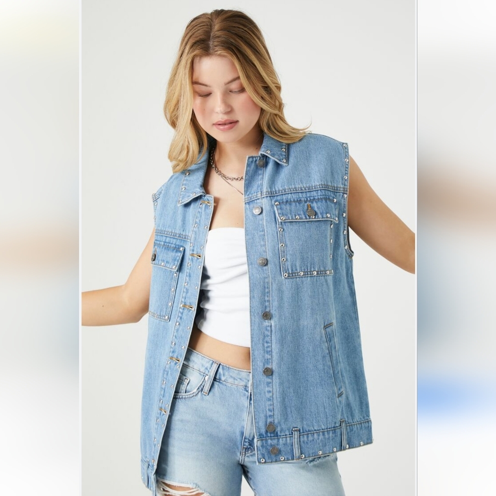 Oversized Studded Blue Denim Vest
